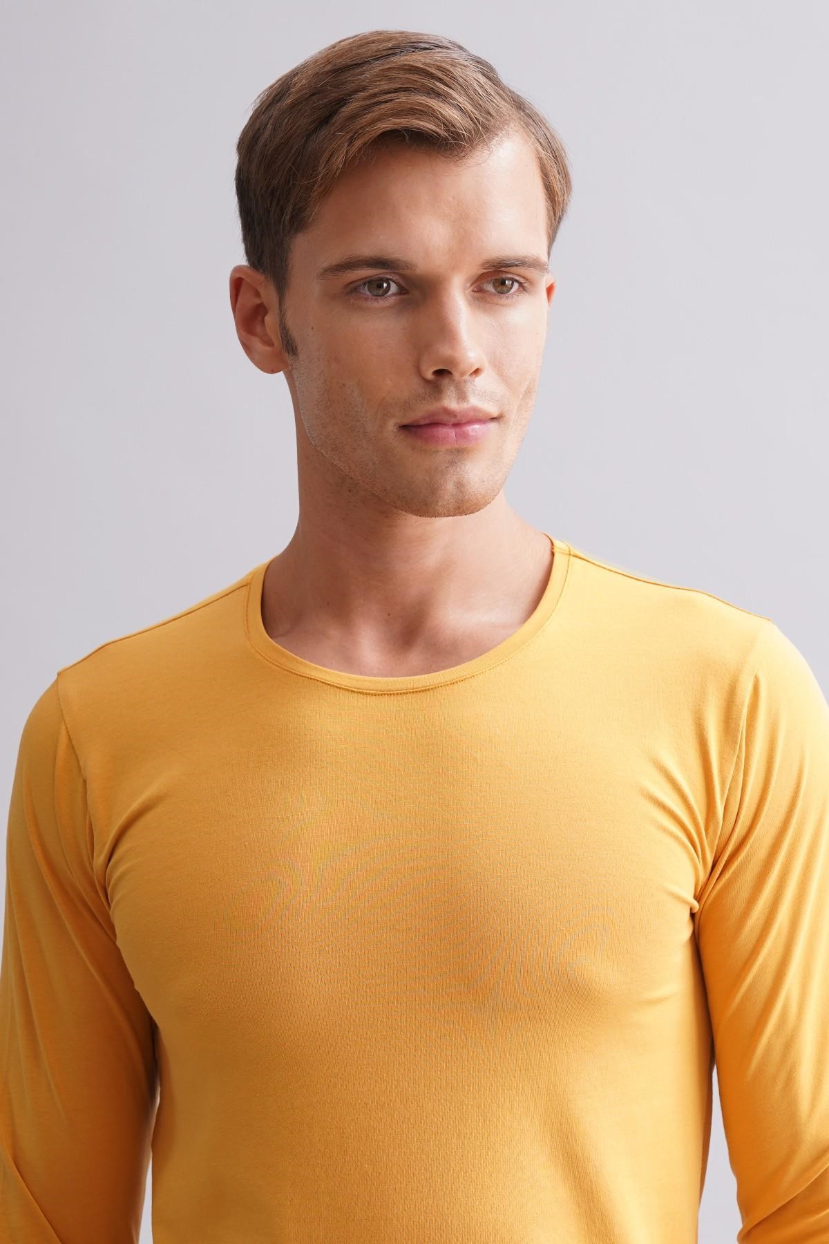 ORGANIC Pamuklu HERCULES Slim Fit Bisiklet Yaka Uzun Kollu Erkek Fanila Hardal