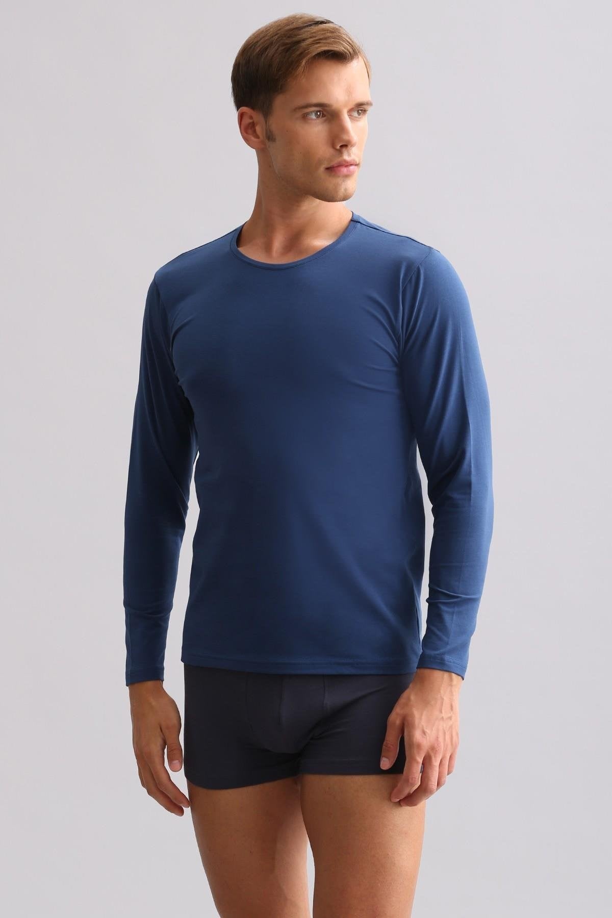 ORGANIC Pamuklu HERCULES Slim Fit Bisiklet Yaka Uzun Kollu Erkek Fanila Gece Mavisi