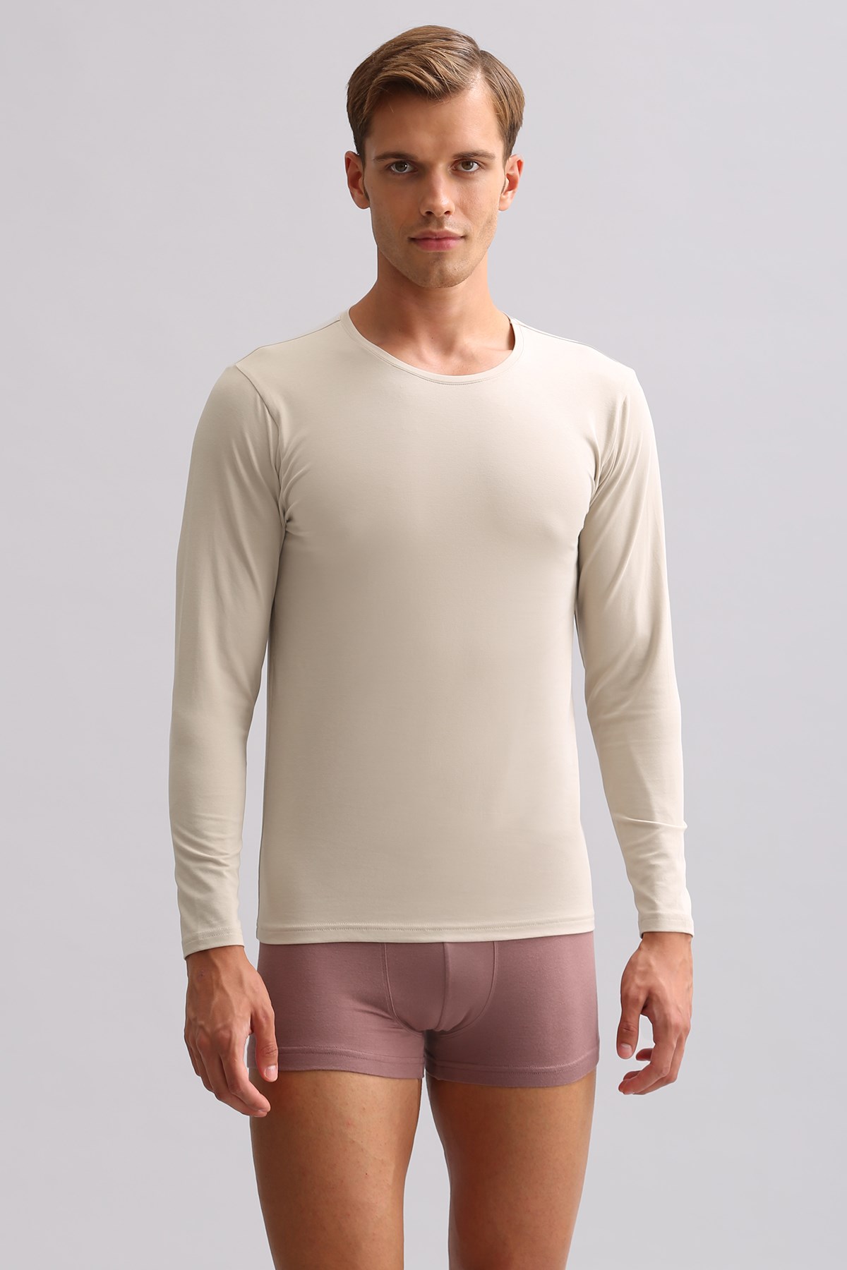 ORGANIC Pamuklu HERCULES Slim Fit Bisiklet Yaka Uzun Kollu Erkek Fanila Toprak Bej