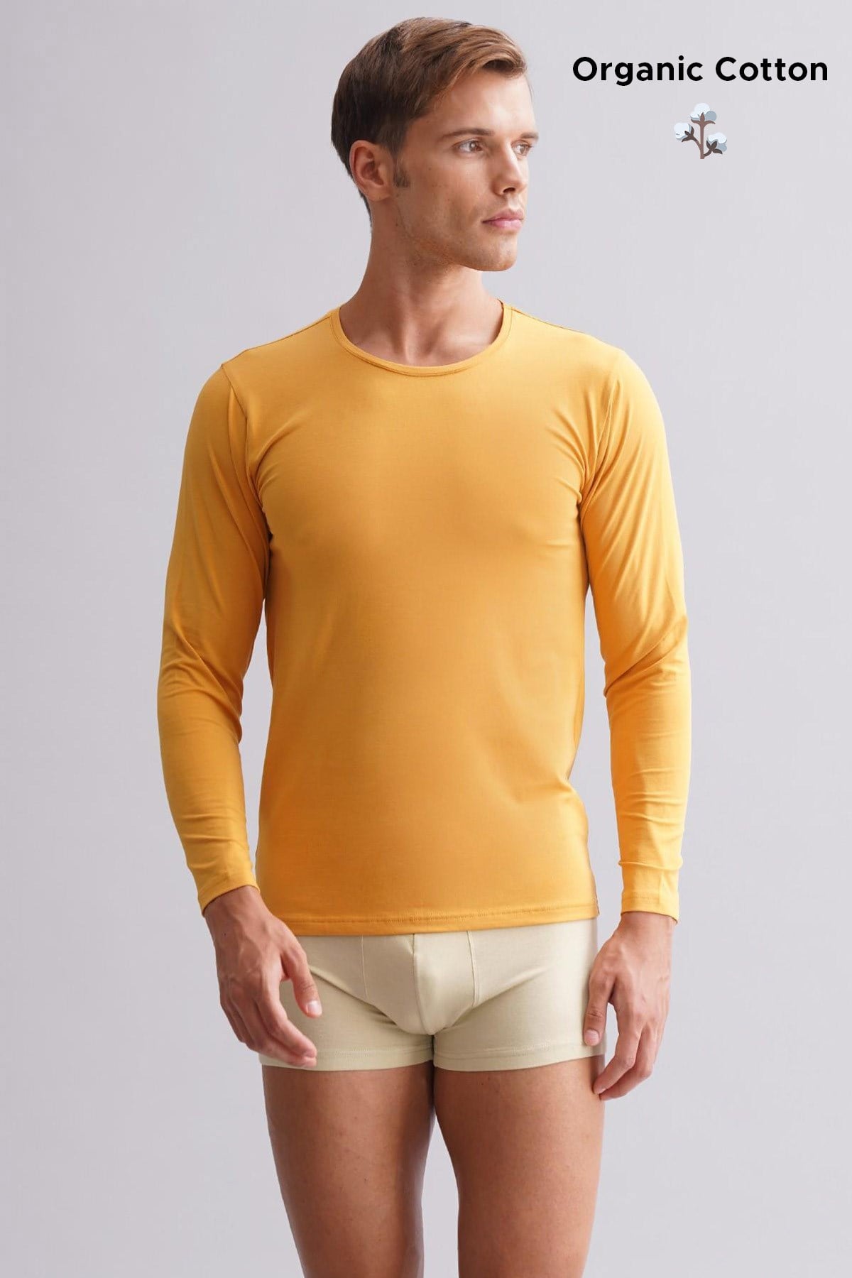 ORGANIC Pamuklu HERCULES Slim Fit Bisiklet Yaka Uzun Kollu Erkek Fanila Hardal