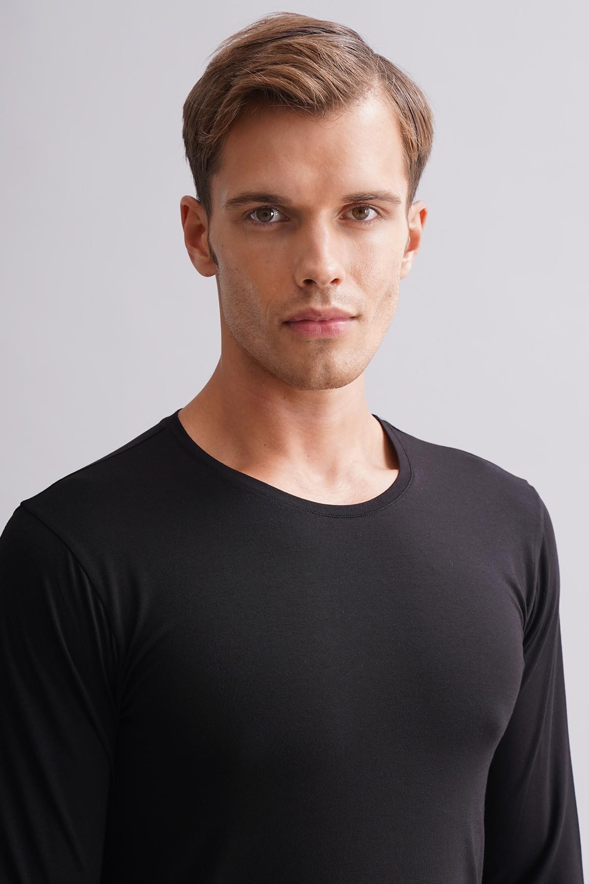 ORGANIC Pamuklu HERCULES Slim Fit Bisiklet Yaka Uzun Kollu Erkek Fanila Siyah