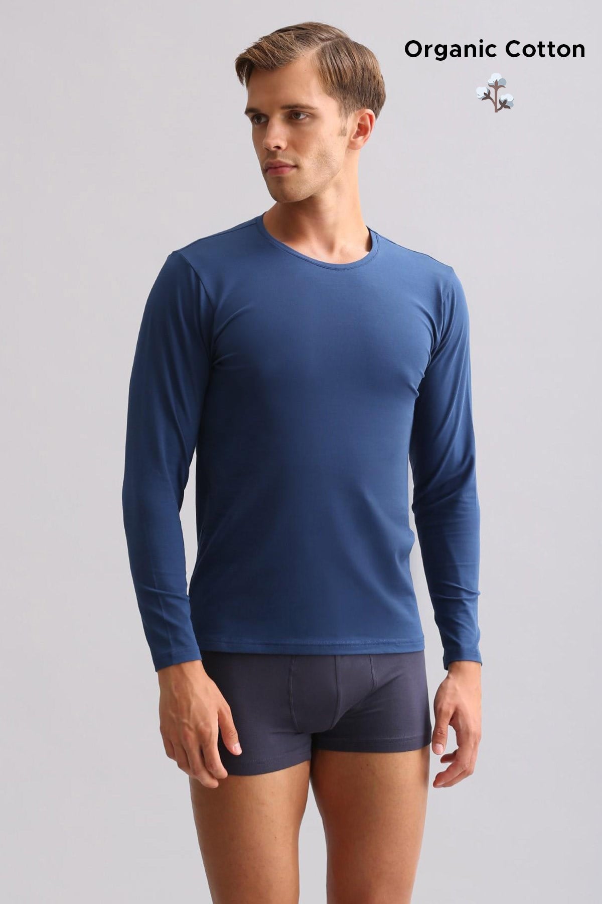 ORGANIC Pamuklu HERCULES Slim Fit Bisiklet Yaka Uzun Kollu Erkek Fanila Gece Mavisi