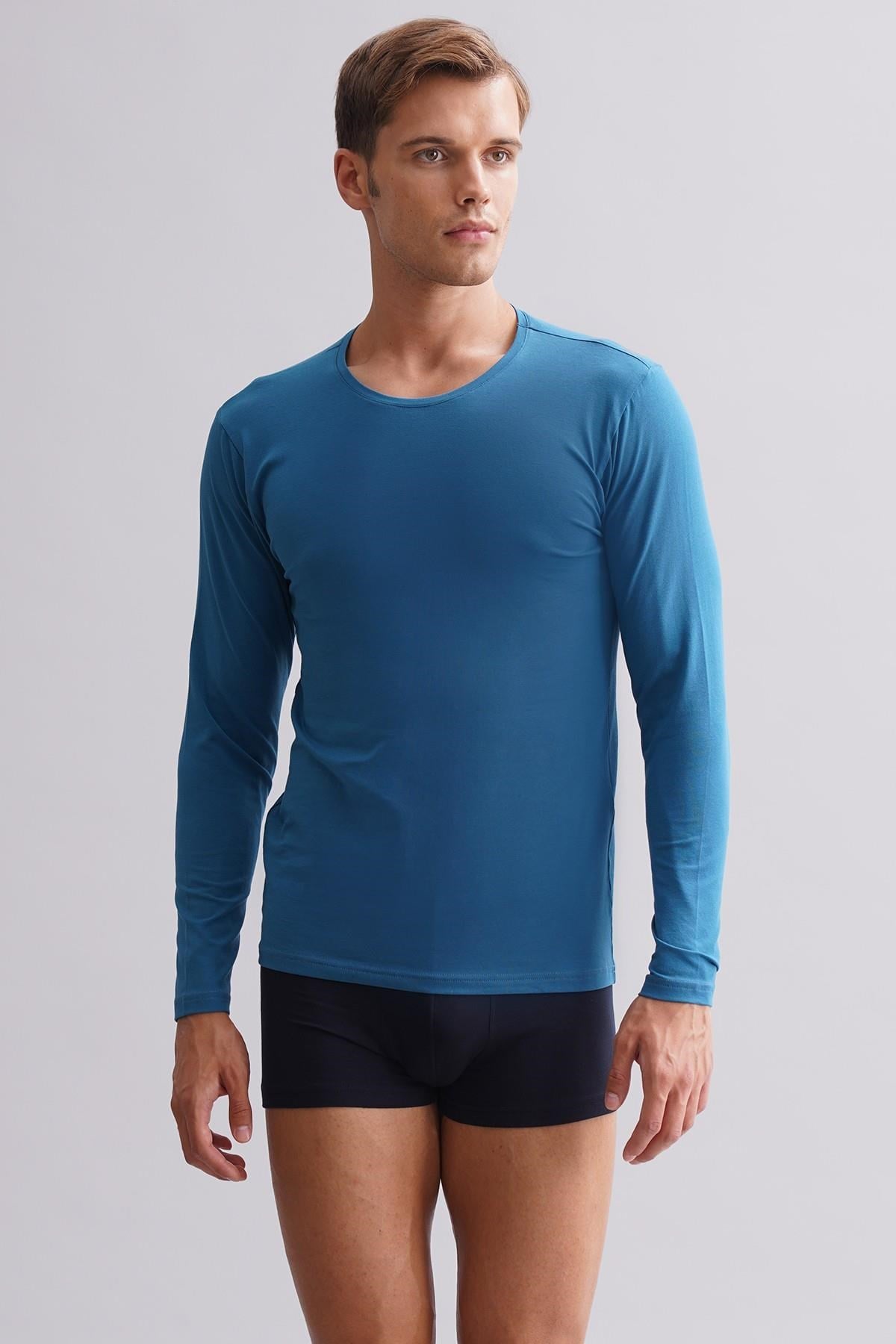 ORGANIC Pamuklu HERCULES Slim Fit Bisiklet Yaka Uzun Kollu Erkek Fanila Petrol Mavi