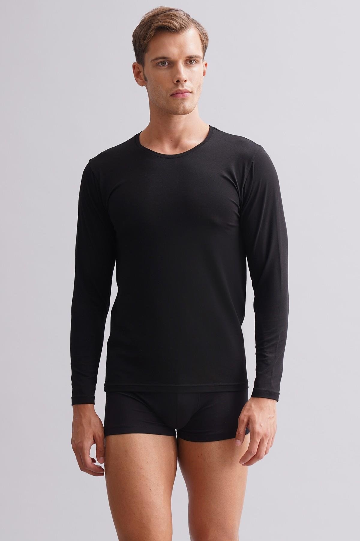 ORGANIC Pamuklu HERCULES Slim Fit Bisiklet Yaka Uzun Kollu Erkek Fanila Siyah