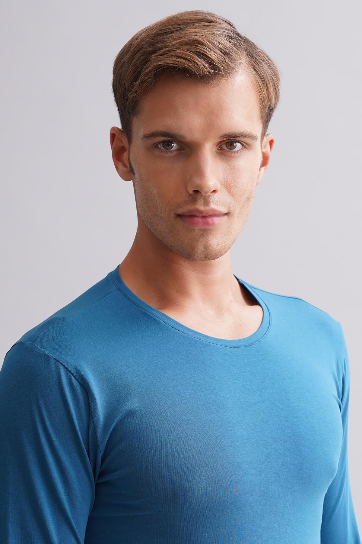 ORGANIC Pamuklu HERCULES Slim Fit Bisiklet Yaka Uzun Kollu Erkek Fanila Petrol Mavi