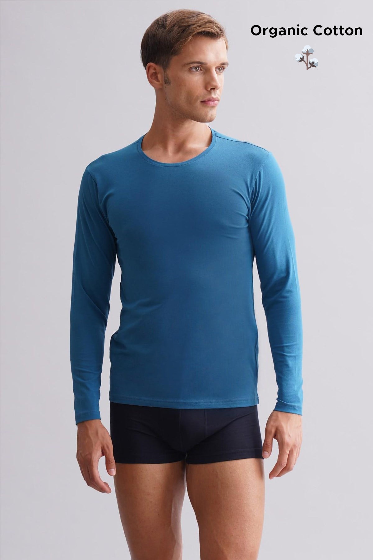 ORGANIC Pamuklu HERCULES Slim Fit Bisiklet Yaka Uzun Kollu Erkek Fanila Petrol Mavi