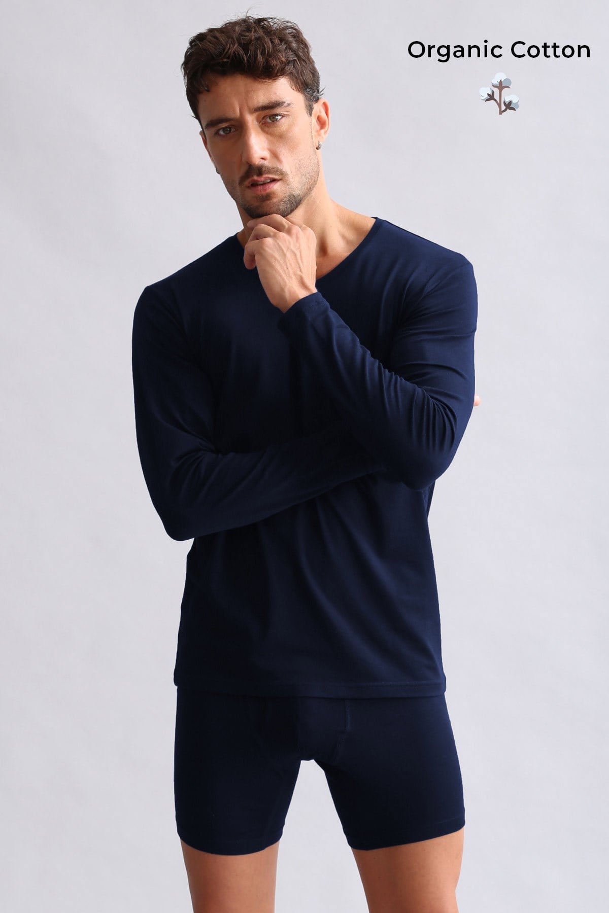 ORGANIC Pamuklu HERCULES Slim Fit V Yaka Uzun Kollu Erkek Fanila Lacivert