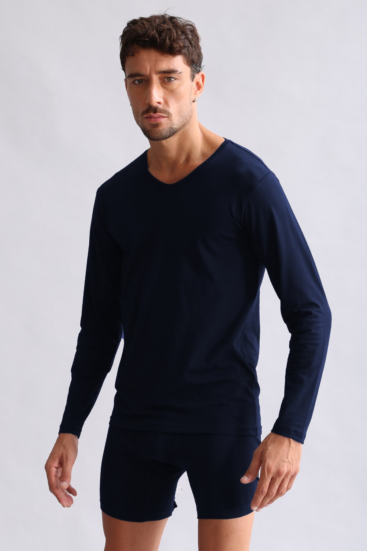 ORGANIC Pamuklu HERCULES Slim Fit V Yaka Uzun Kollu Erkek Fanila Lacivert
