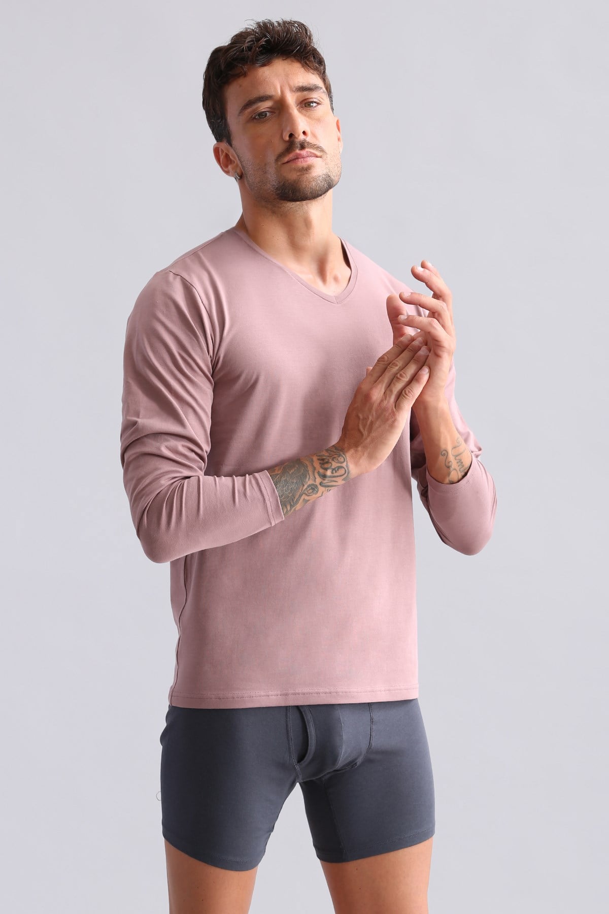 ORGANIC Pamuklu HERCULES Slim Fit V Yaka Uzun Kollu Erkek Fanila Lavender
