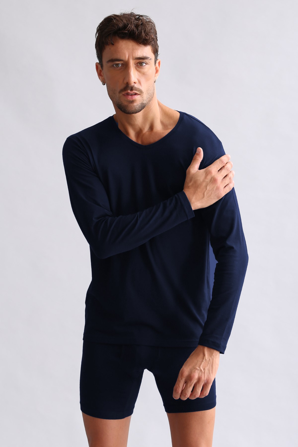 ORGANIC Pamuklu HERCULES Slim Fit V Yaka Uzun Kollu Erkek Fanila Lacivert