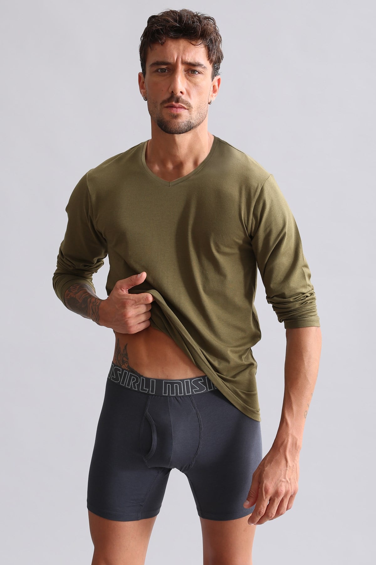 ORGANIC Pamuklu HERCULES Slim Fit V Yaka Uzun Kollu Erkek Fanila Koyu Haki
