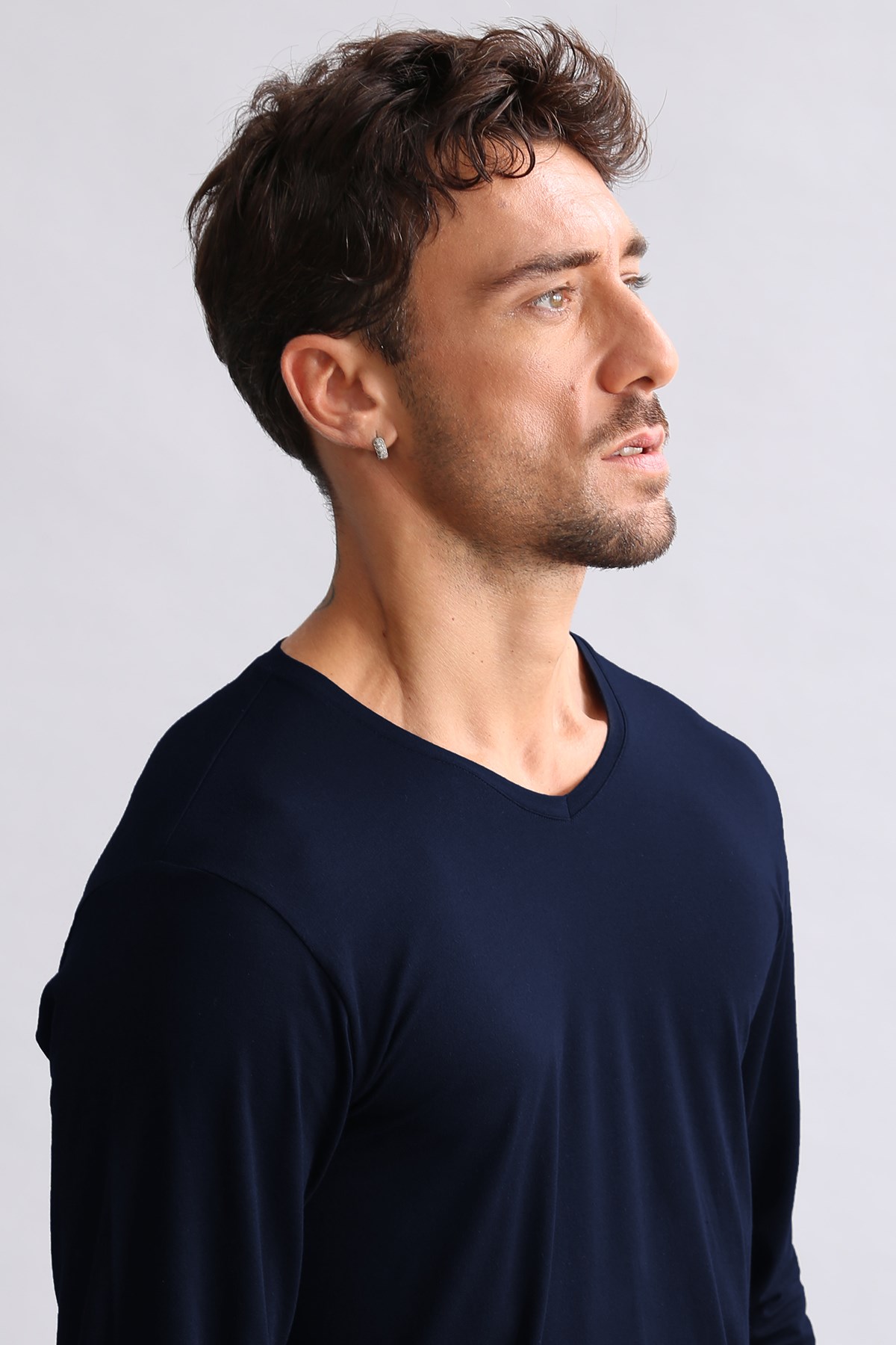 ORGANIC Pamuklu HERCULES Slim Fit V Yaka Uzun Kollu Erkek Fanila Lacivert