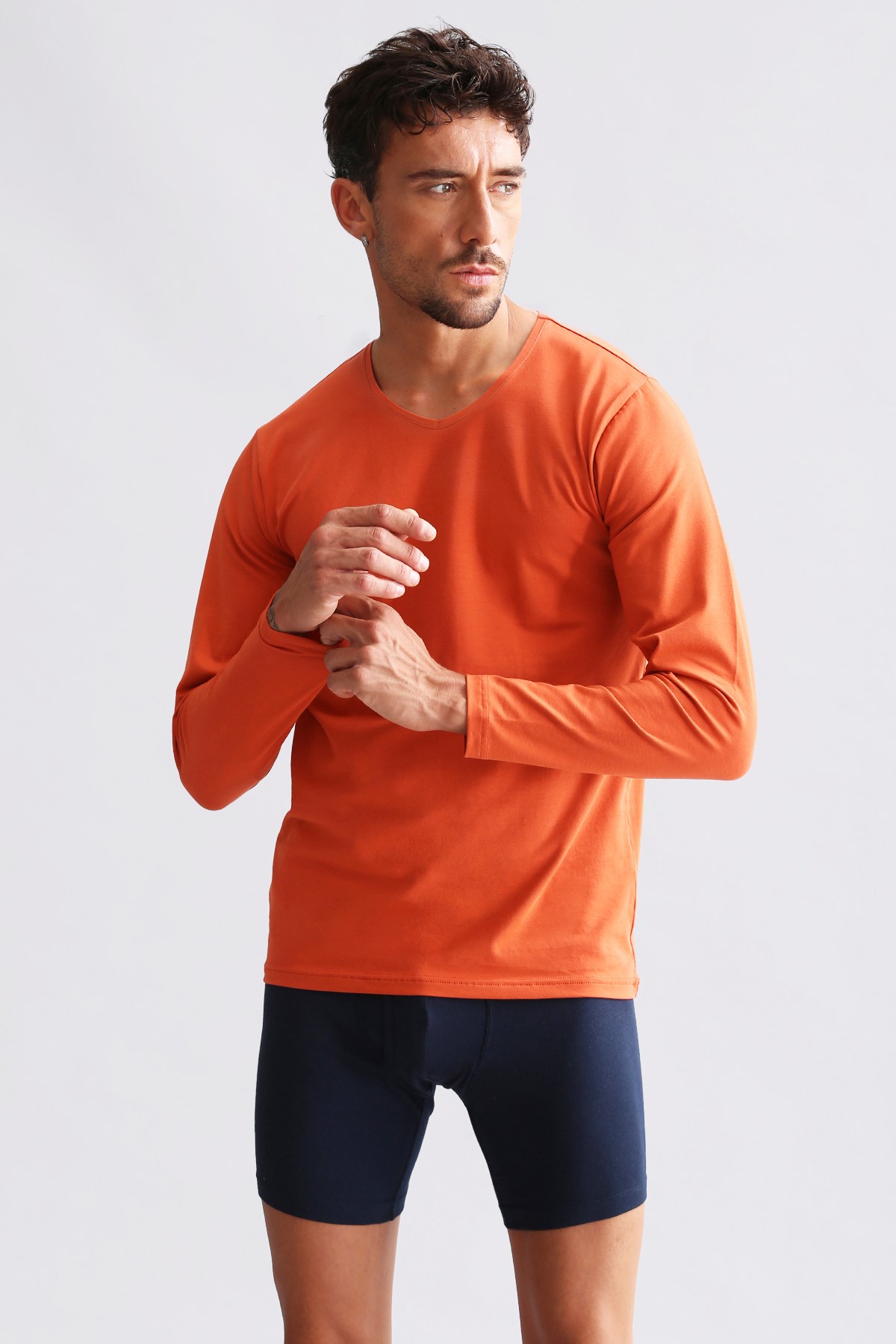 ORGANIC Pamuklu HERCULES Slim Fit V Yaka Uzun Kollu Erkek Fanila Pas Kırmızısı