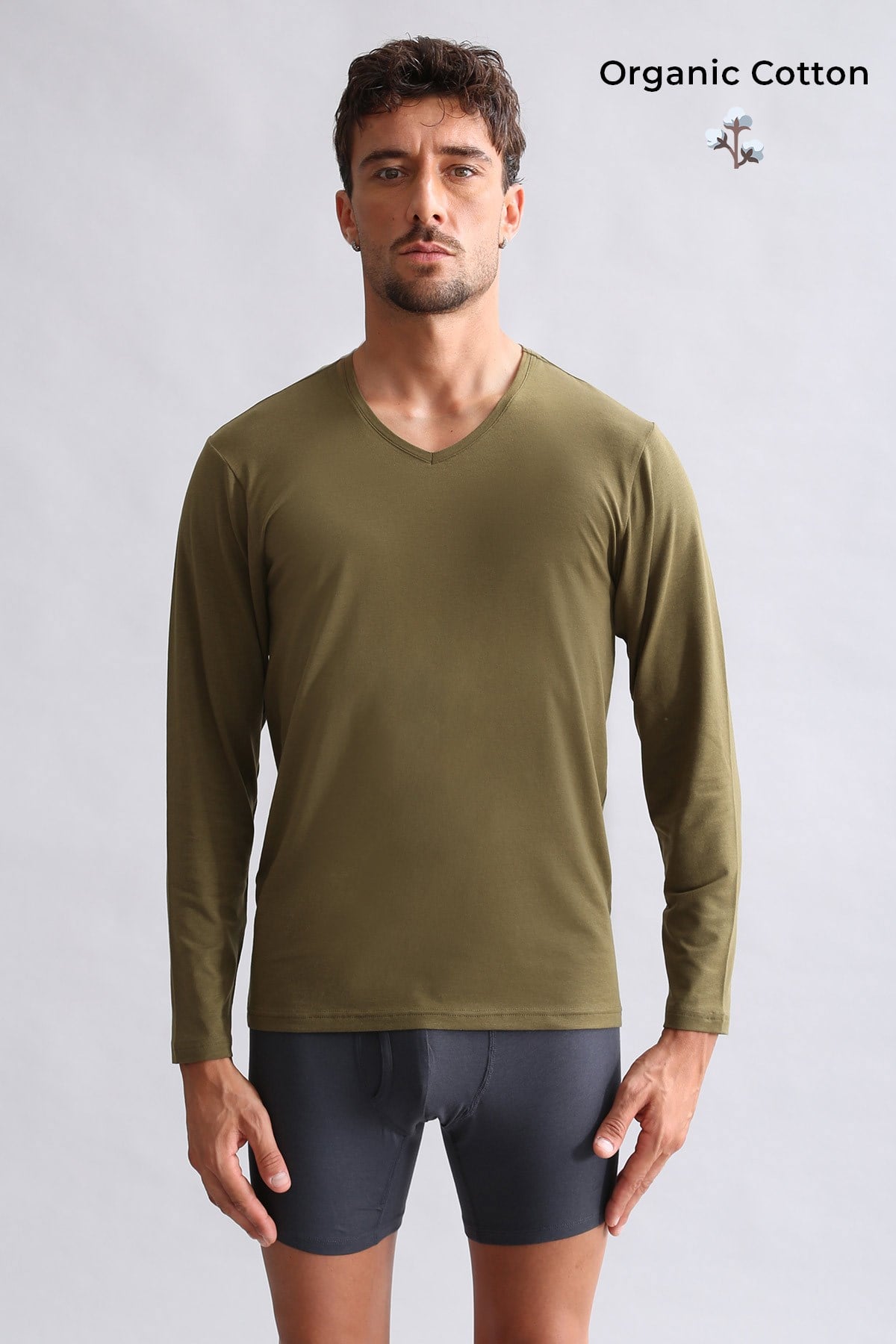 ORGANIC Pamuklu HERCULES Slim Fit V Yaka Uzun Kollu Erkek Fanila Koyu Haki