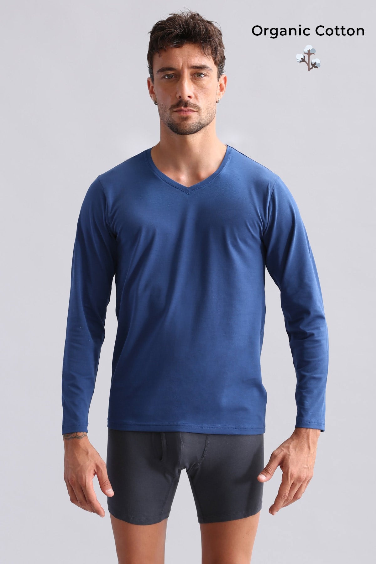 ORGANIC Pamuklu HERCULES Slim Fit V Yaka Uzun Kollu Erkek Fanila Gece Mavisi