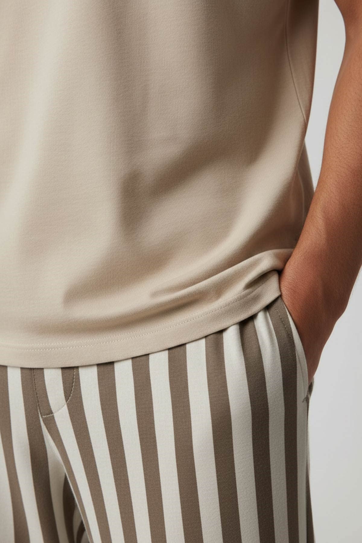 Pamuklu Kısa Kollu Pijama Takım Bej-Kahverengi