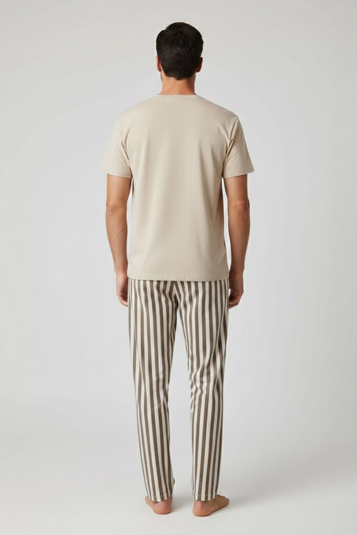 Pamuklu Kısa Kollu Pijama Takım Bej-Kahverengi