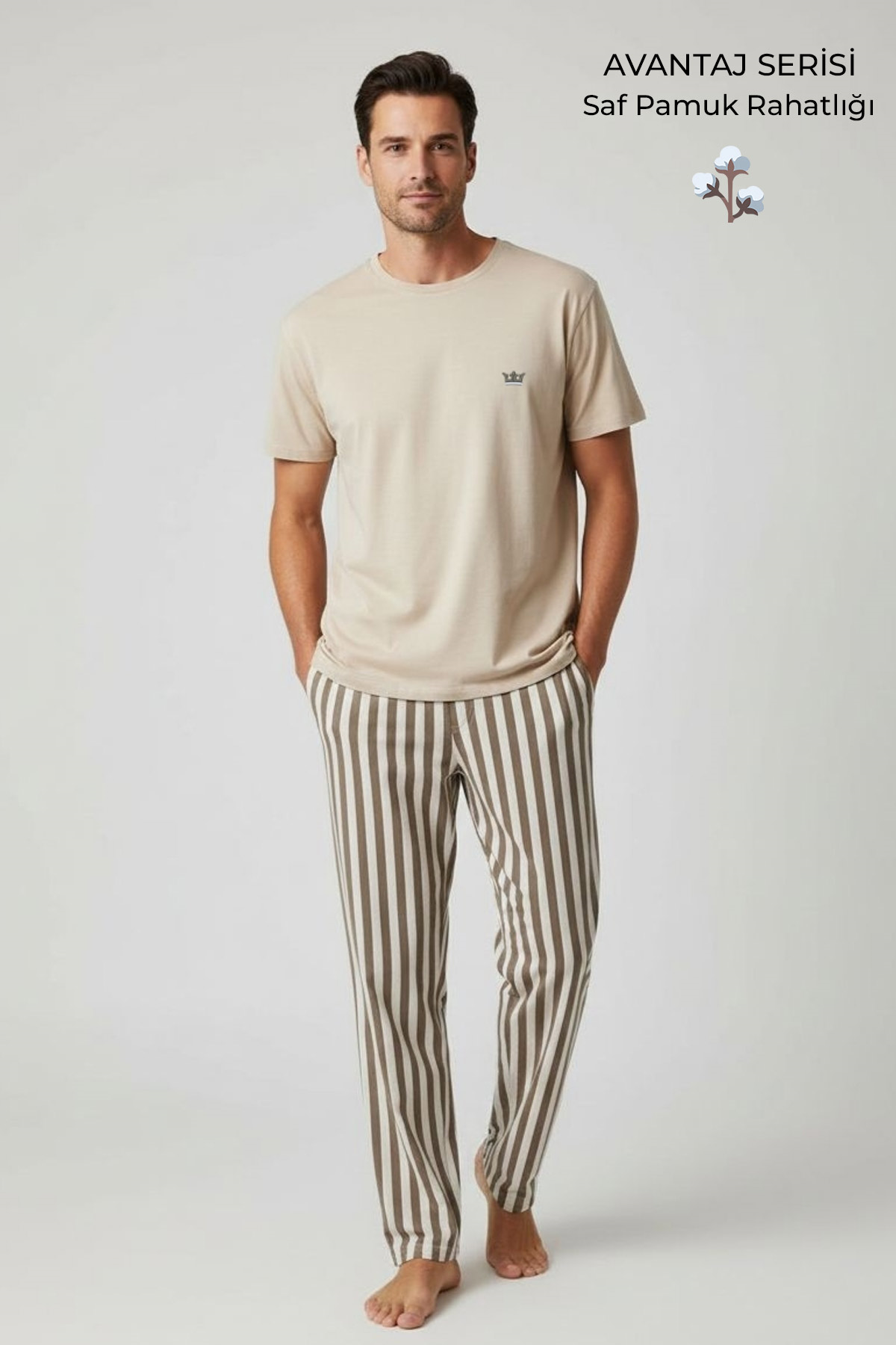 Pamuklu Kısa Kollu Pijama Takım Bej-Kahverengi