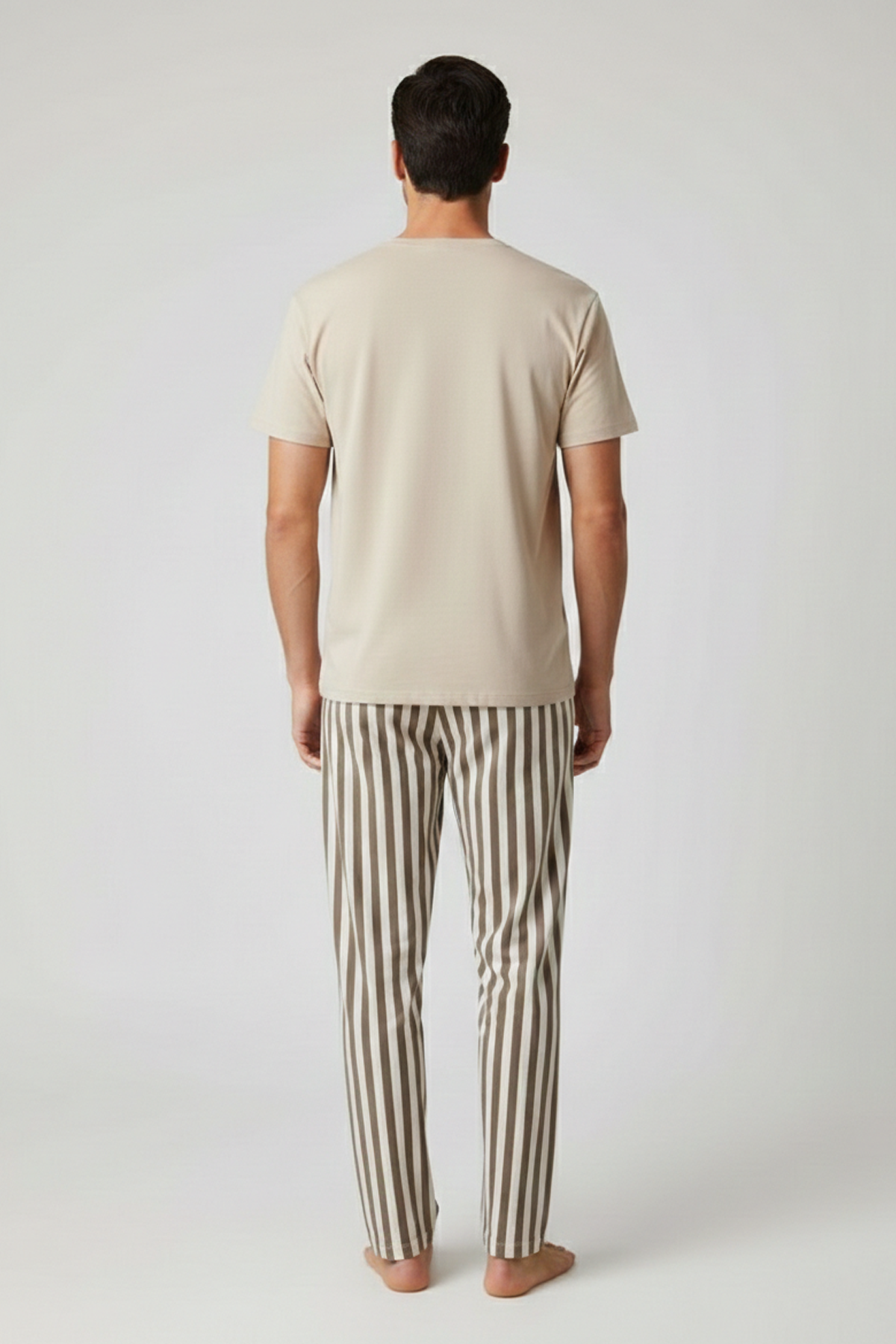 Pamuklu Kısa Kollu Pijama Takım Bej-Kahverengi
