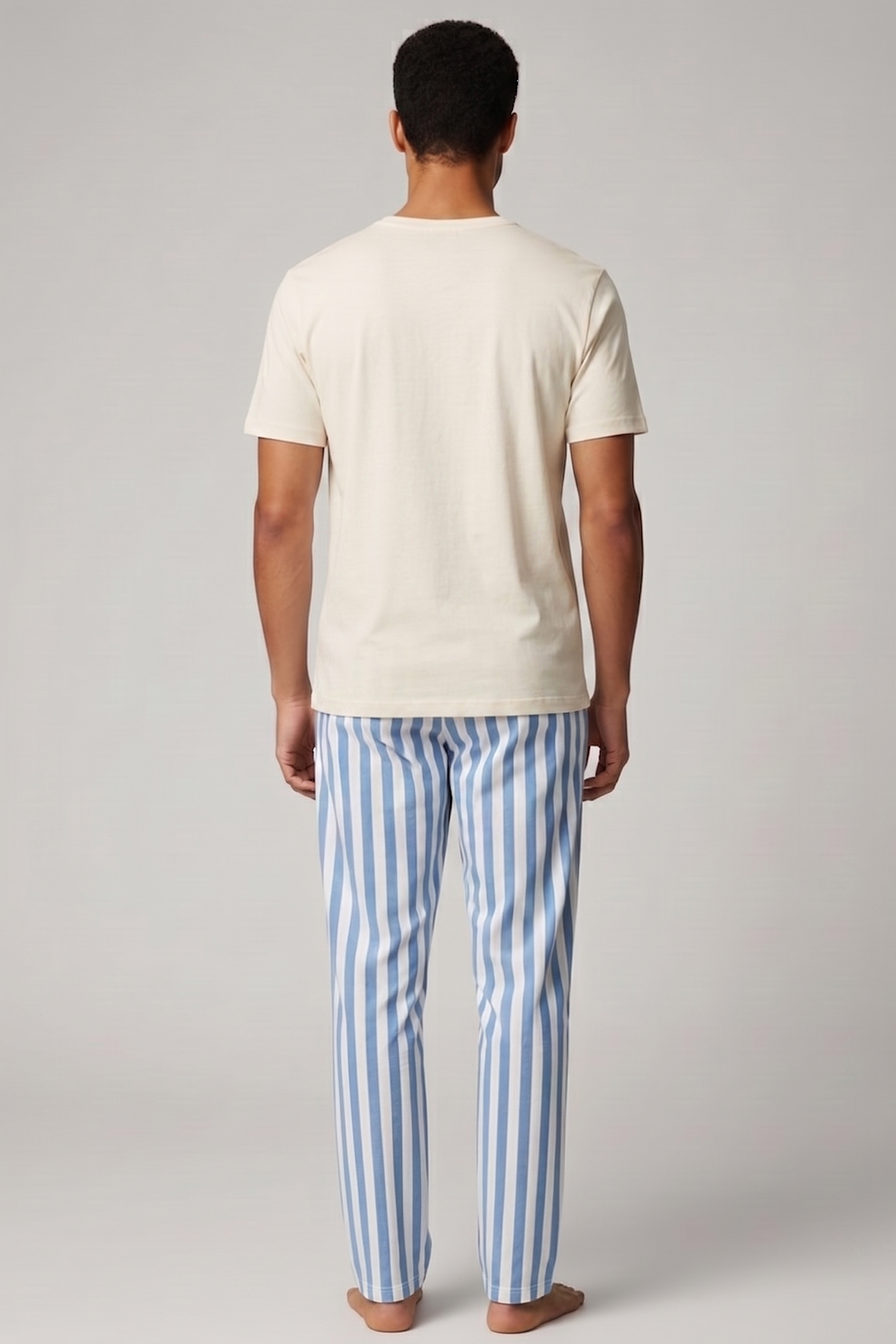 Pamuklu Kısa Kollu Pijama Takım Beyaz-Mavi