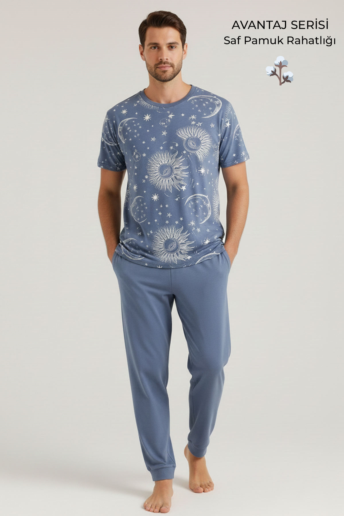 Pamuklu Kısa Kollu Pijama Takım İndigo
