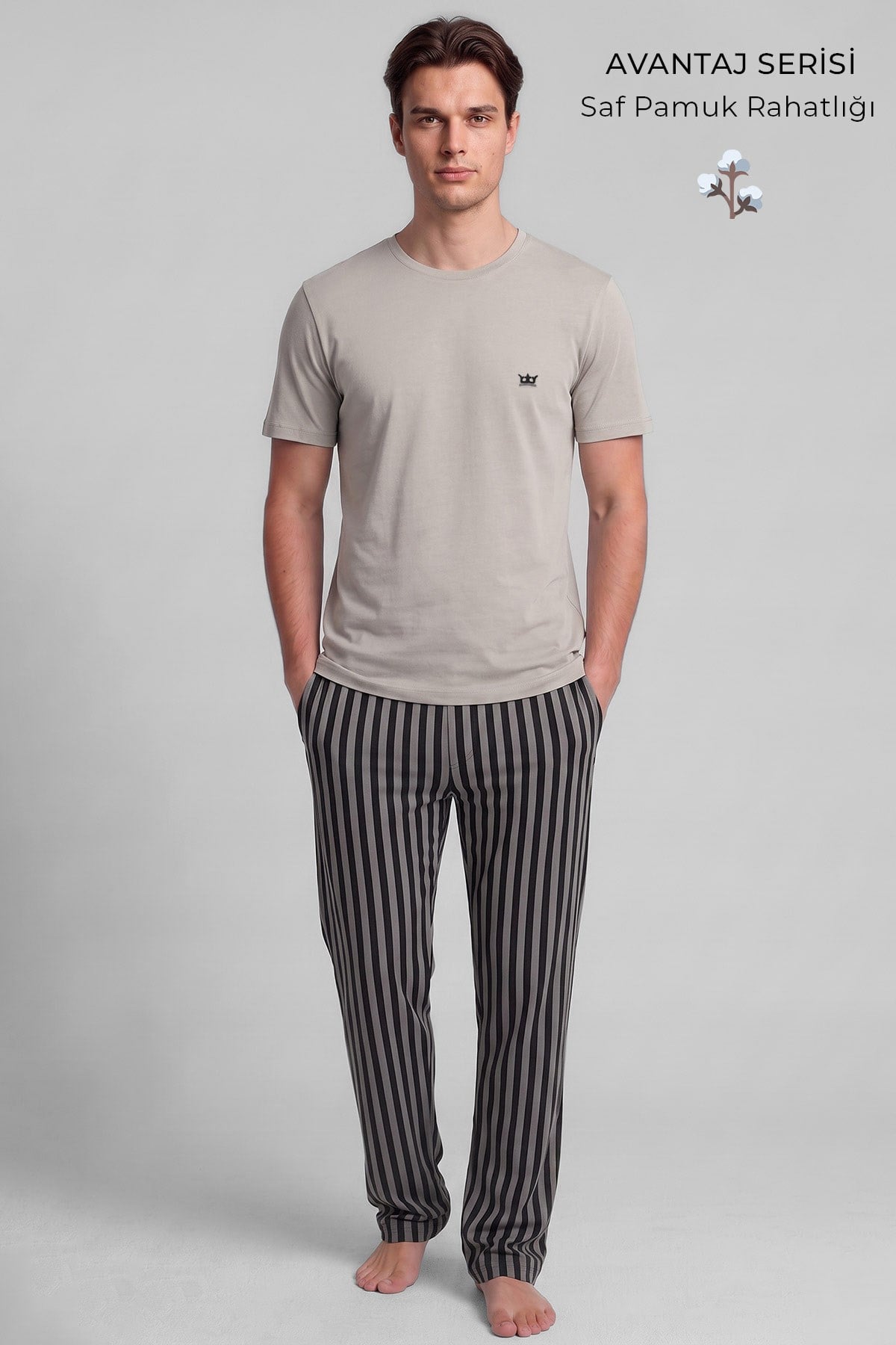 Pamuklu Kısa Kollu Pijama Takım Taş-Siyah Çizgili