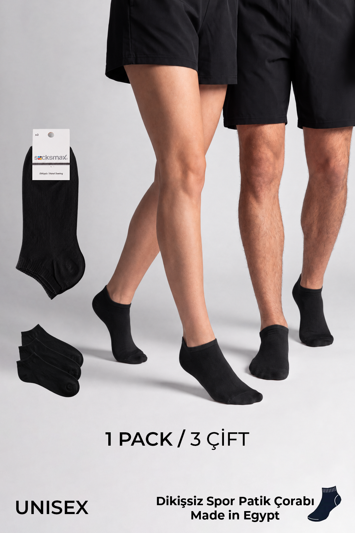 Socksmax Unisex Pamuklu Dikişsiz Üçlü Patik Çorap Siyah