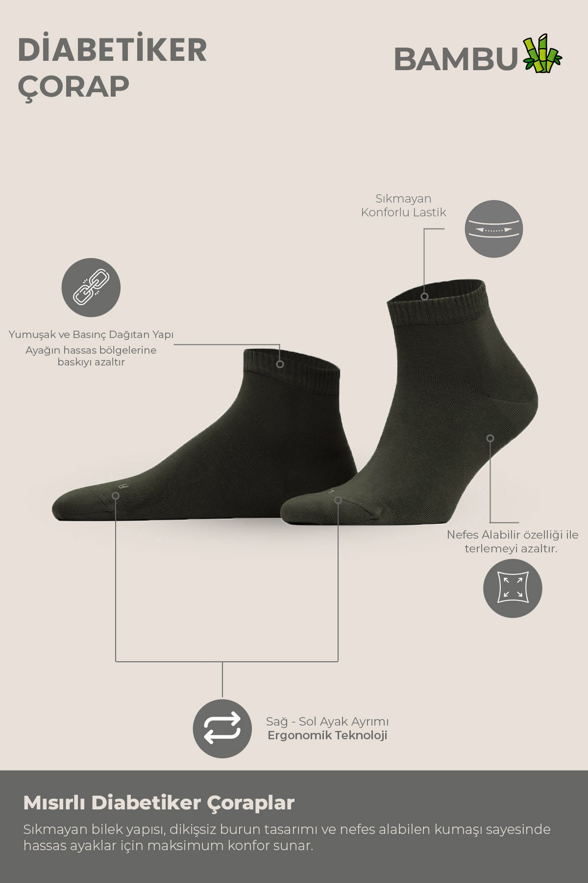 Unisex Bambu Diyabetik Sneaker Çorap Koyu Haki