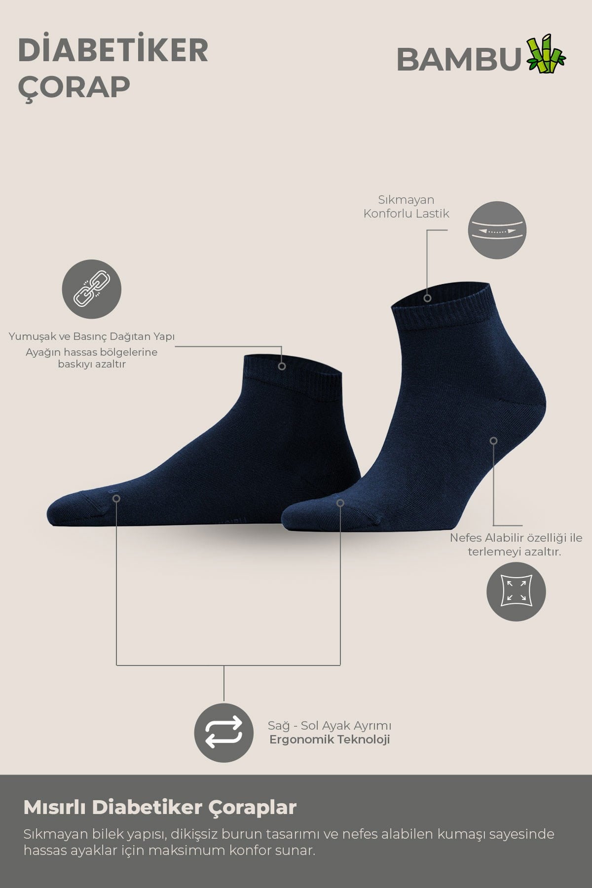 Unisex Bambu Diyabetik Sneaker Çorap Lacivert