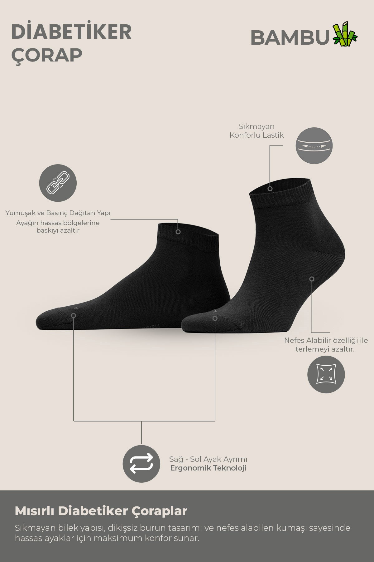 Unisex Bambu Diyabetik Sneaker Çorap Siyah