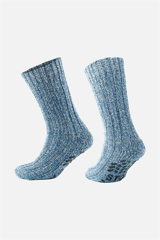 Mısırlı Kadın Merino Yünü Cold Blocker Kışlık Kaydırmaz Tabanlı Soket Çorap Mavi