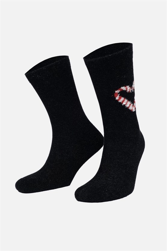 Aytuğ Kadın Peluş Termal Tekli Kalp Desenli Yılbaşı Temalı Çorap Kalp Desenli