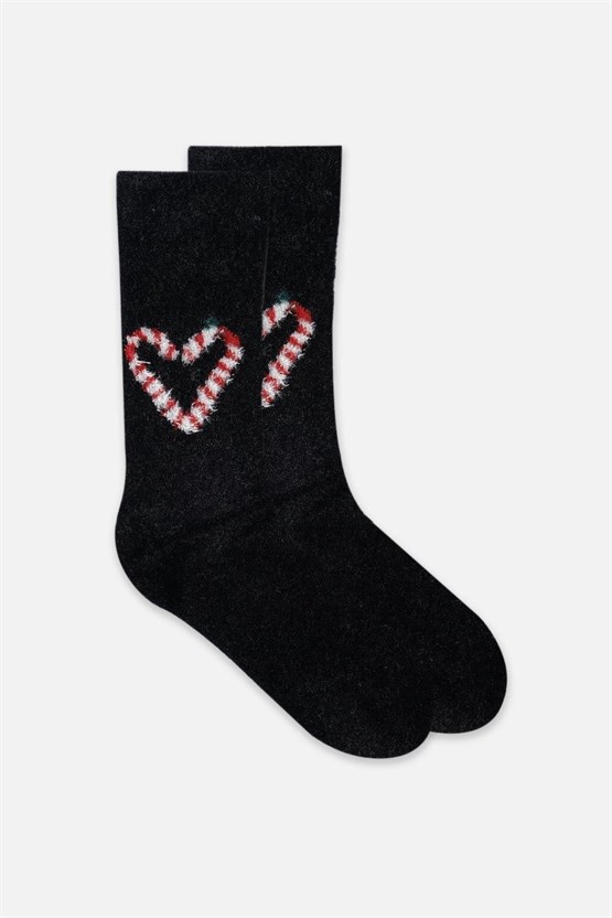 Aytuğ Kadın Peluş Termal Tekli Kalp Desenli Yılbaşı Temalı Çorap Kalp Desenli