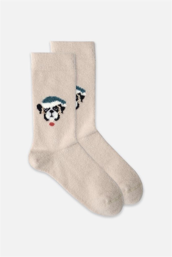 Aytuğ Kadın Peluş Termal Tekli Köpek Desenli Yılbaşı Temalı Çorap Köpek Desenli