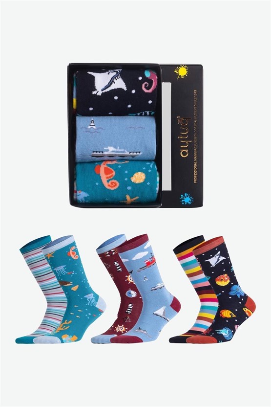 Unisex Pamuklu 3 Çift Denizci Desenli Eğlenceli Soket Çorabı Denizci Desenli