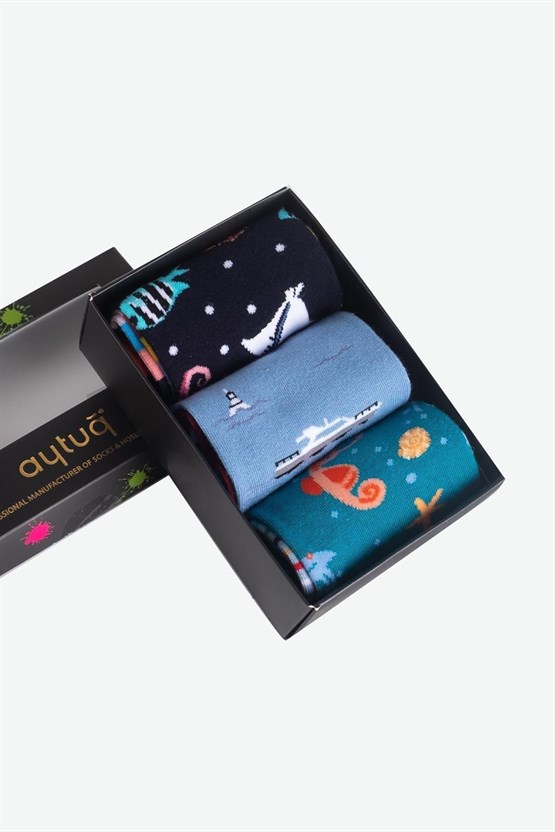 Unisex Pamuklu 3 Çift Denizci Desenli Eğlenceli Soket Çorabı Denizci Desenli