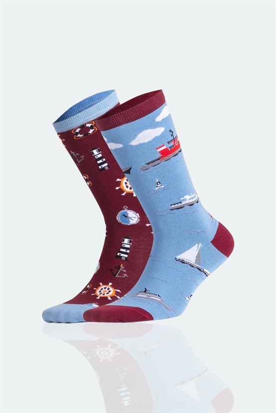 Unisex Pamuklu 3 Çift Denizci Desenli Eğlenceli Soket Çorabı Denizci Desenli