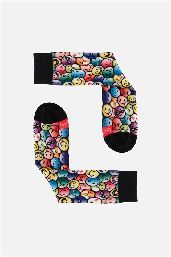 Aytuğ Unisex Pamuklu Emoji Desenli Eğlenceli Soket Çorabı Emoji Desenli