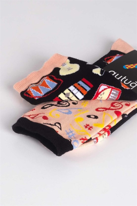 Aytuğ Unisex Pamuklu Tekli Müzik Desenli Eğlenceli Soket Çorabı Müzik Desenli