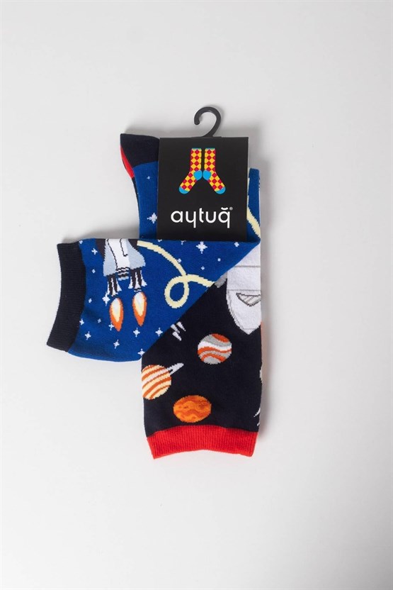 Aytuğ Unisex Pamuklu Tekli Uzay Desenli Eğlenceli Soket Çorabı Uzay Desenli