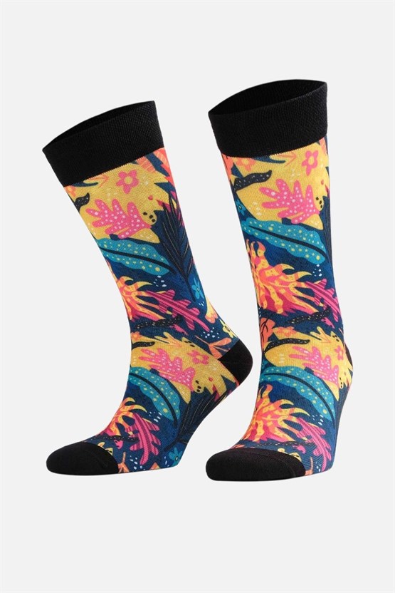 Aytuğ Unisex Pamuklu Yaprak Desenli Eğlenceli Soket Çorabı Çok Renkli