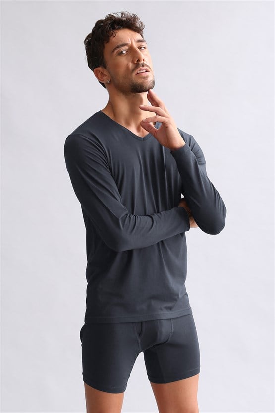 BAMBU HERCULES Slim Fit V Yaka Uzun Kollu Erkek  Fanila Antrasit