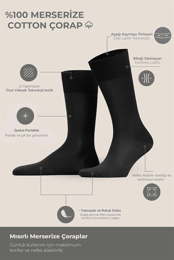 Erkek %100 Merserize 6 Çift Düz Süper İnce Soket Çorap Siyah