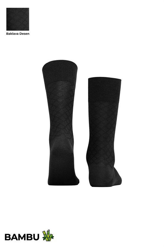 Erkek Bambu 6 Çift Baklava Desenli Süper İnce  Soket Çorap Siyah