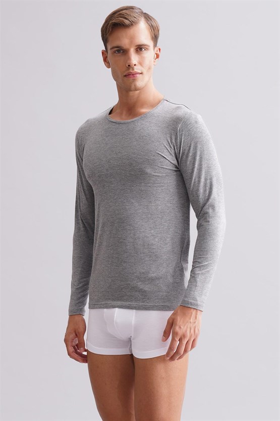 Erkek Modal by TENCEL HERCULES Slim Fit Bisiklet Yaka Uzun Kollu Fanila Gri Melanj
