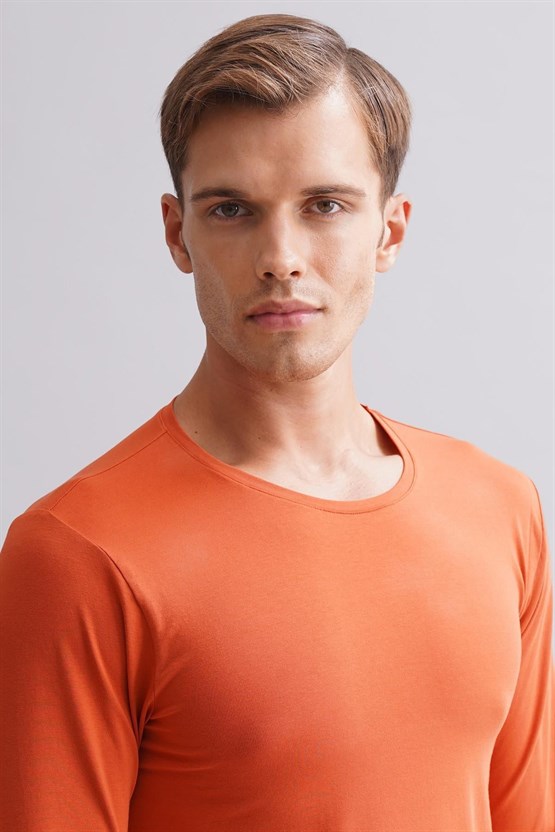 Erkek Modal by TENCEL HERCULES Slim Fit Bisiklet Yaka Uzun Kollu Fanila Pas Kırmızı