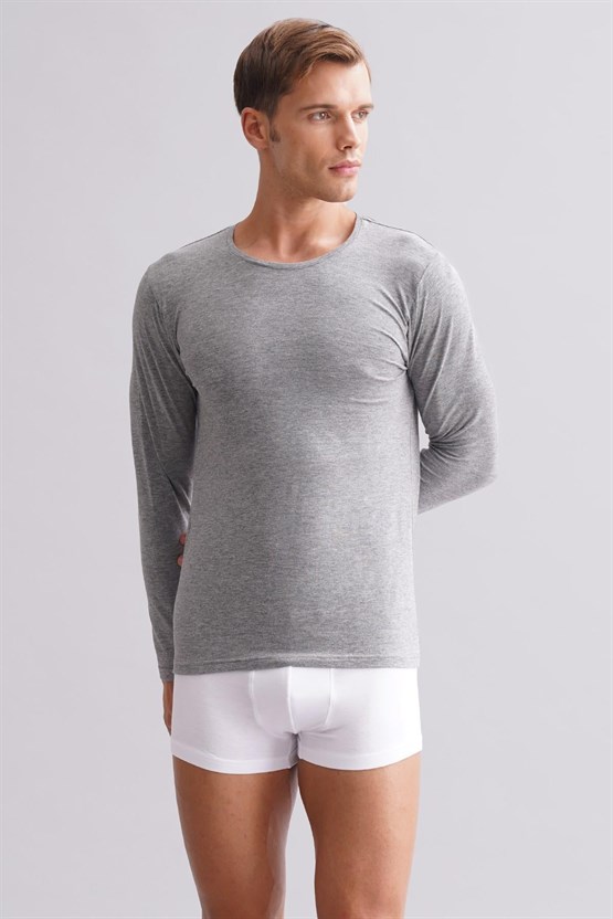 Erkek Modal by TENCEL HERCULES Slim Fit Bisiklet Yaka Uzun Kollu Fanila Gri Melanj