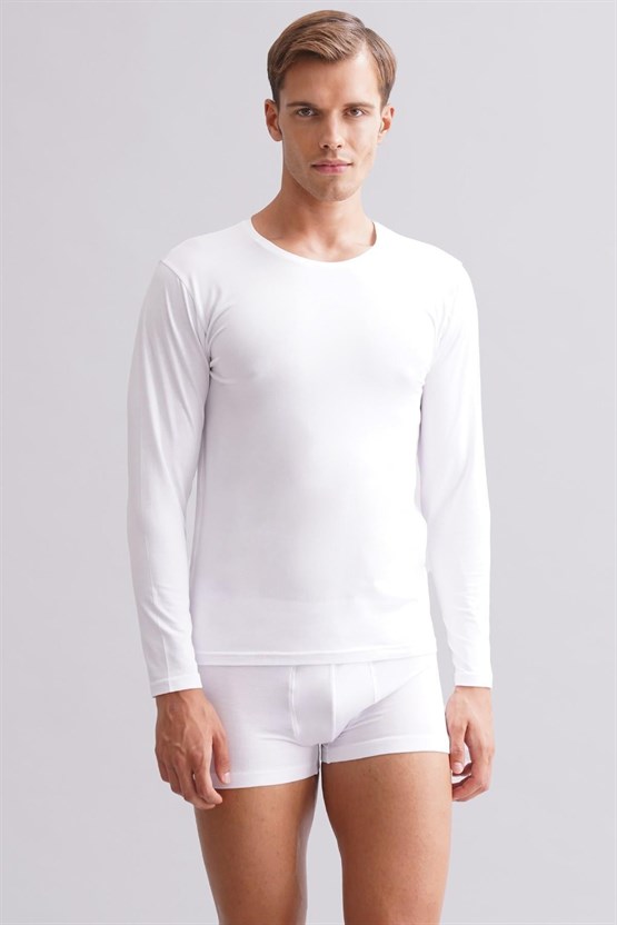 Erkek Modal by TENCEL HERCULES Slim Fit Bisiklet Yaka Uzun Kollu Fanila Beyaz