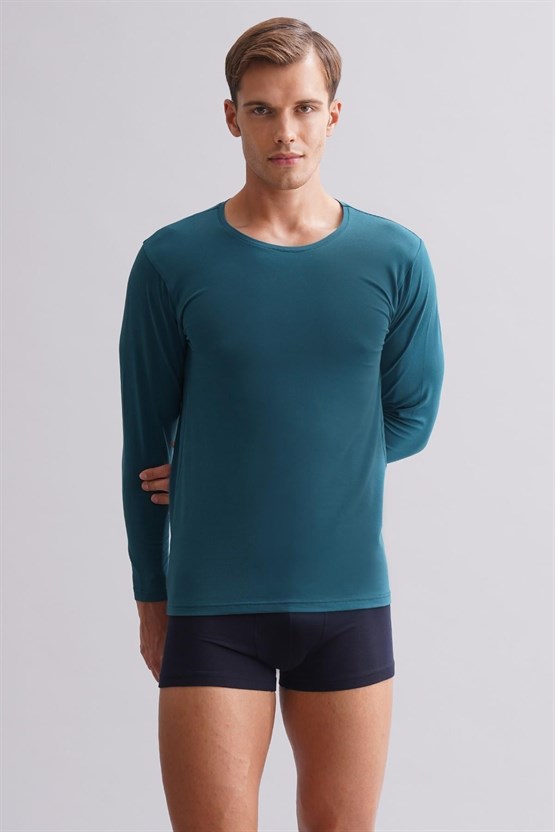 Erkek Modal by TENCEL HERCULES Slim Fit Bisiklet Yaka Uzun Kollu Fanila Toprak Bej