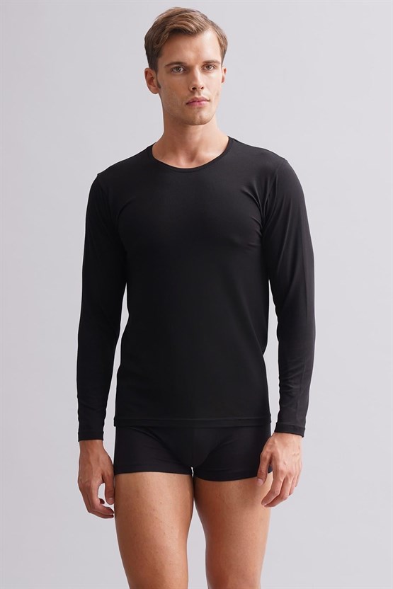 Erkek Modal by TENCEL HERCULES Slim Fit Bisiklet Yaka Uzun Kollu Fanila Siyah